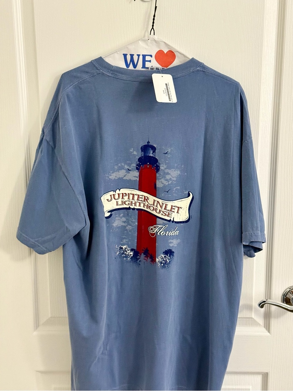 Comfort Colors Soft Blue Tee with Red Lighthouse Graphic